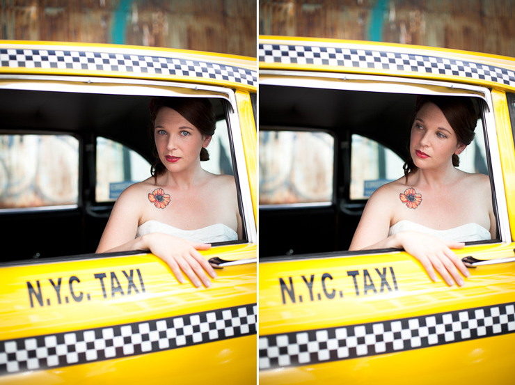 Alternative Wedding photography in retro taxi cab Williamsburg Brooklyn