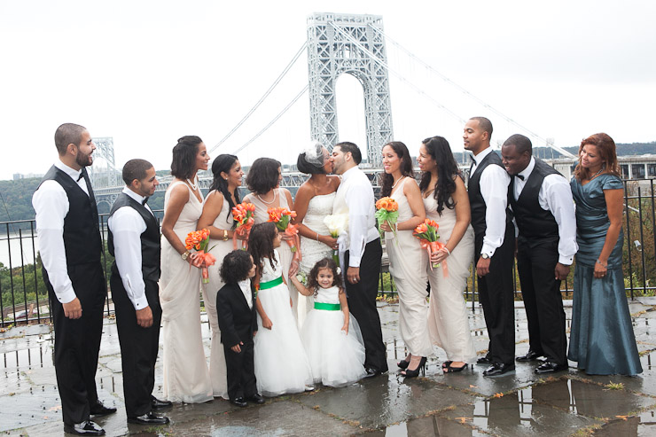 Wedding group shot with the George Washington bridge in the background in New York NY